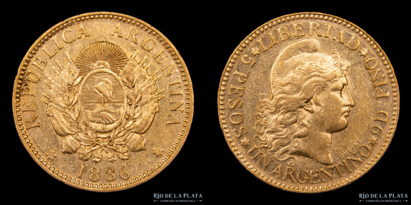 Argentina. 5 Pesos 1886 "Argentino de oro". Oro AU.900, 22.1mm; 8.10g. Ceca de B...