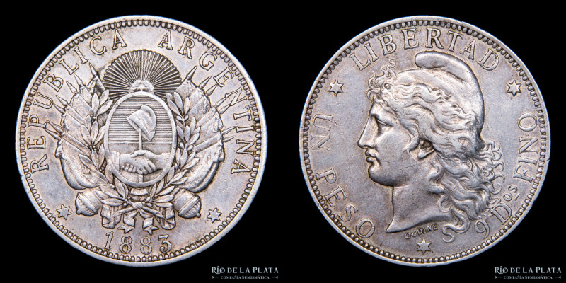 Argentina. 1 Peso 1883 Patacón. Fecha escasa/Scarcer Date. Only 98.000 minted. C...