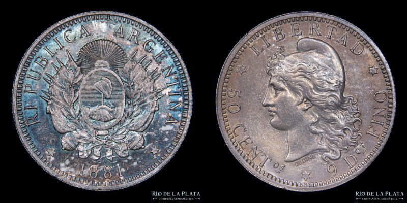 Argentina. 50 Centavos 1881. 1/2 Patacón. AG.900; 30.1mm; 12.56g. Solo 1.020 acu...