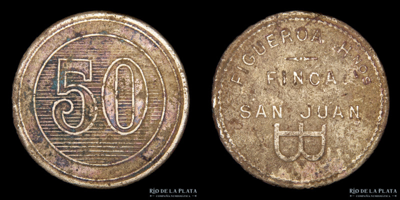 Argentina. Ficha. Valor 50. Finca San Juan. Figueroa. Bronce; 30mm; 8.92g. (F) C...