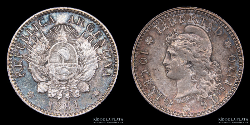 Argentina. 10 Centavos 1881. AG.900; 18.0mm; 2.45g. Solo 1.020 acuñadas durante ...