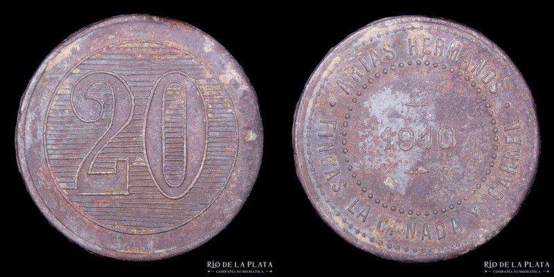Argentina. Ficha. Valor 20 (1910) Arias Hermanos. Finca la Cañada y Carmen. Cale...