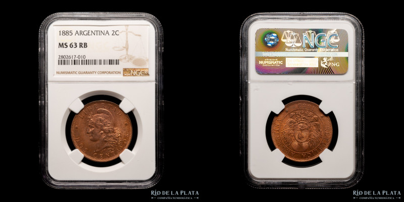 Argentina. 2 Centavos 1885. Buenos Aires mint. CU, 30.0mm; 10.00g. Fecha escasa....