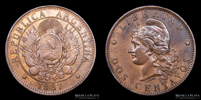 Argentina. 2 Centavos 1887. Buenos Aires mint. CU, 30.0mm; 10.00g. Fecha escasa,...