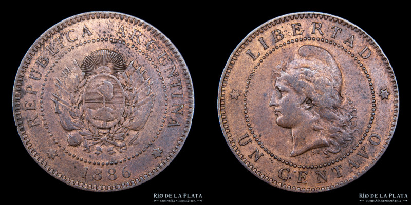 Argentina. 1 Centavo 1886. Ceca de Buenos Aires. CU; 25mm; 5.20g. CJ 42; KM32 (X...