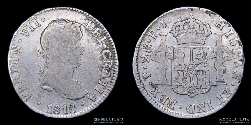 Potosí. Fernando VII (1808-1833) 2 Reales 1818 PJ. AG.896; 26.5mm; 6.40g. (Ensay...