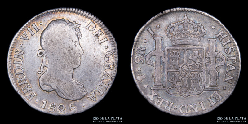 Potosí. Carlos III (1808 -1825) 2 Reales 1825 J (Juan Palomo y Sierra). Escasa. ...