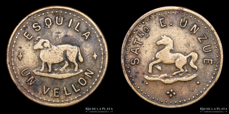 Argentina. Ficha. Esquila. Valor 1 Vellón. Latón; 22.5mm; 3.42g. Saturnino E. Un...