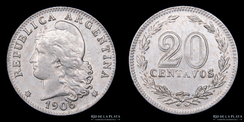 Argentina. 20 Centavos 1906. Cu-Ni; 21.5mm; 4.00g. CJ 57; KM36 (XF+)
Estimate: ...