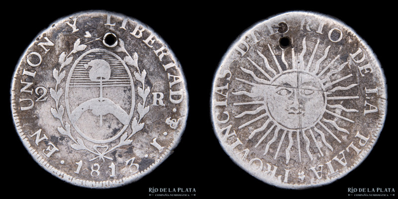 Provncias Unidas del Río de la Plata. 2 Reales 1813 J (José Antonio de Sierra). ...
