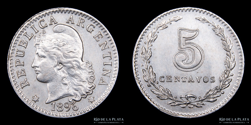 Argentina. 5 Centavos 1896. Cu-Ni; 17mm; 2.0g. CJ 130 (UNC)
Estimate: USD 80 - ...