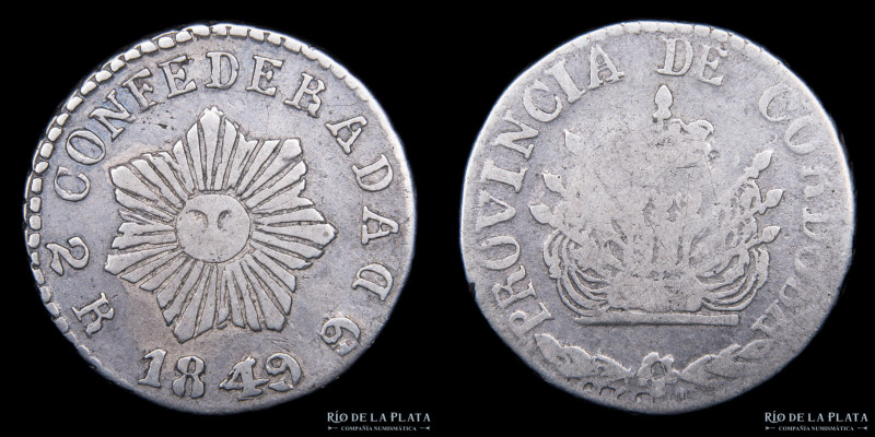 Argentina. Córdoba. 2 Reales 1849. AG.750; 23.5mm; 6.64g. CJ 57.1.1 (A1-R1) (F)...