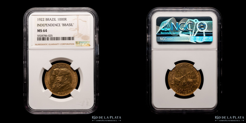 Brasil. 1000 Reis 1922. Error Bbasil. NGC MS64
Estimate: USD 100 - 200