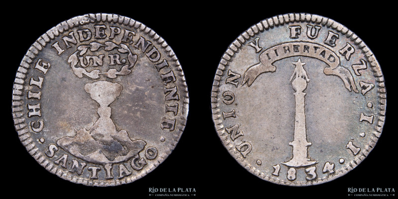 Chile. 1 Real 1834 IJ. Real del Volcán. AG.902, 20.0mm; 3.14g. KM94.1. (VF-)
Es...