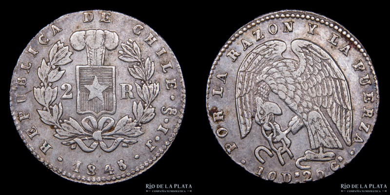 Chile. 2 Reales 1845 IJ. AG.902, 23.5mm; 5.99g. KM100.2 (VF)
Estimate: USD 50 -...