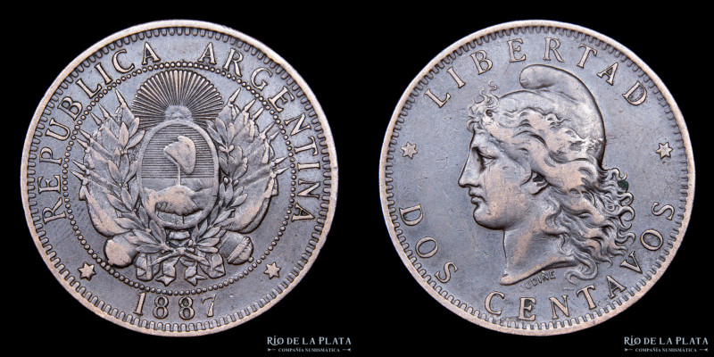 Argentina. 2 Centavos 1887. Buenos Aires mint. CU, 30.0mm; 10.00g. Fecha escasa....