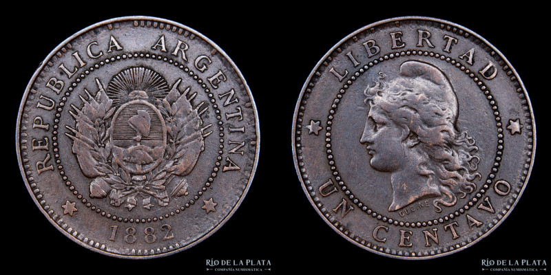 Argentina. 1 Centavo 1882. Ceca de Buenos Aires . CU; 25mm; 4.70g. Fecha escasa,...