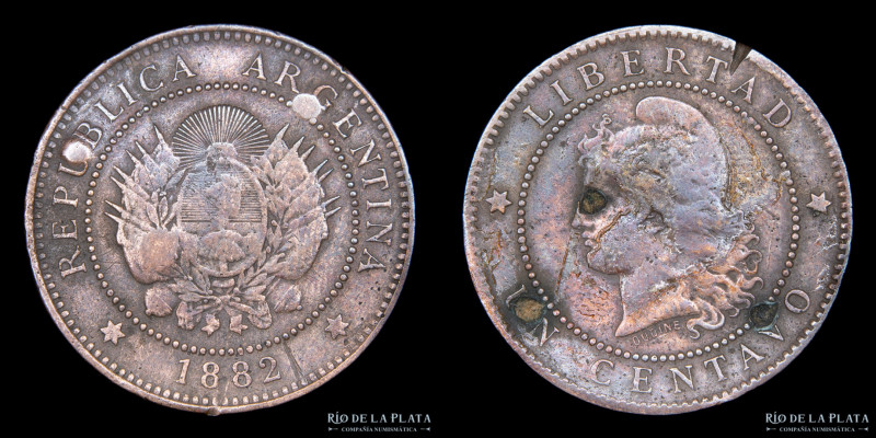 Argentina. 1 Centavo 1882. Buenos Aires mint. CU, 25.0mm; 5.00g. Fecha escasa. C...