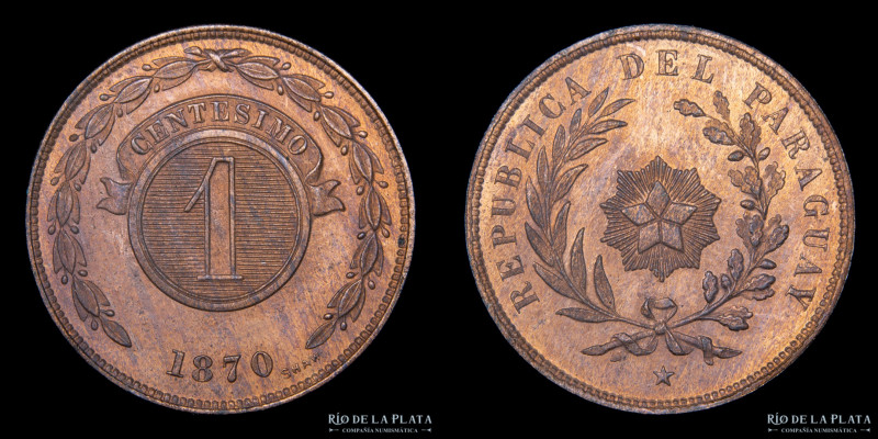 Paraguay. 1 Centésimo 1870. Birmingham Mint (UK). CU; 25.0mm; 5.04g. KM2 Specime...