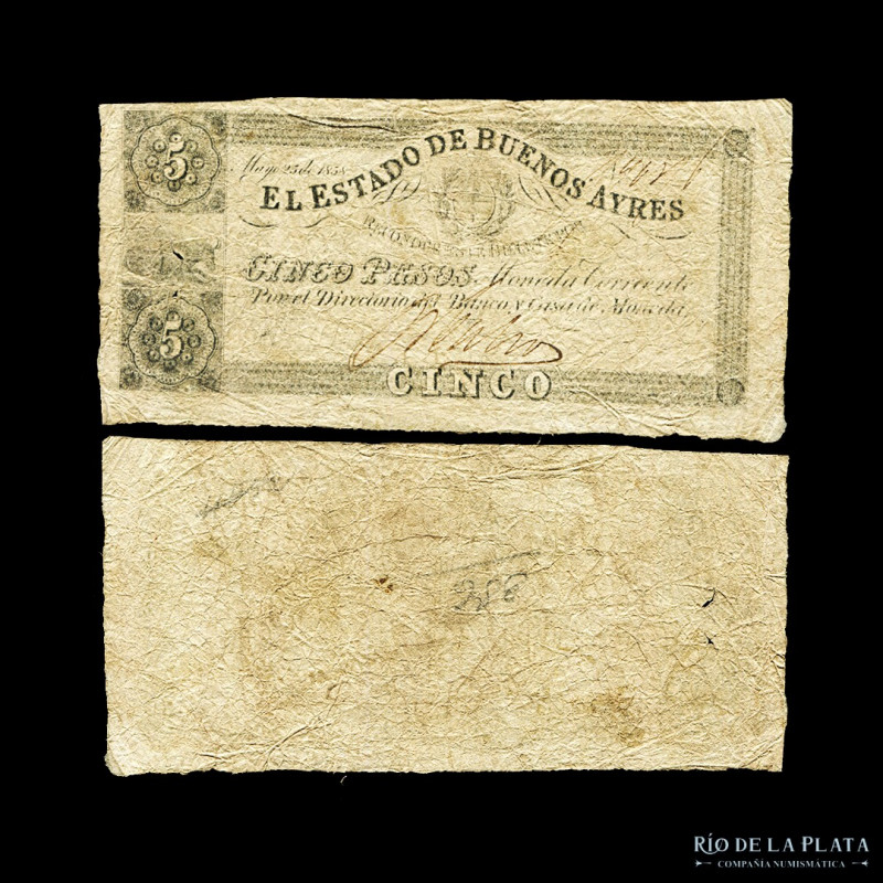 Argentina. Provincia de Buenos Aires. 5 Pesos Moneda Corriente. 25 de Mayo de 18...
