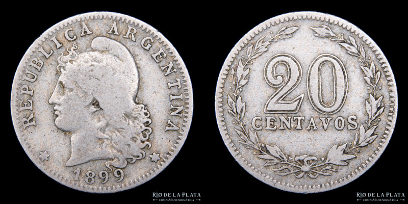 Argentina. 20 Centavos 1899. Muy Rara, solo 840.108 acuñadas. CuNi; 21.5mm; 4.00...