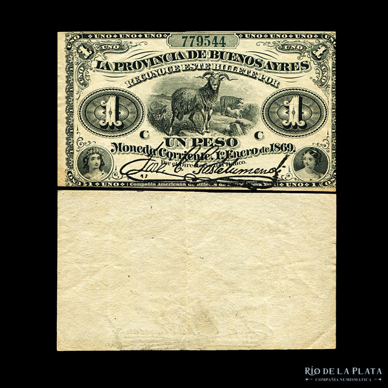 Argentina. Provincia de Buenos Aires. 1 Peso Moneda Corriente. 01/01/1869, prime...