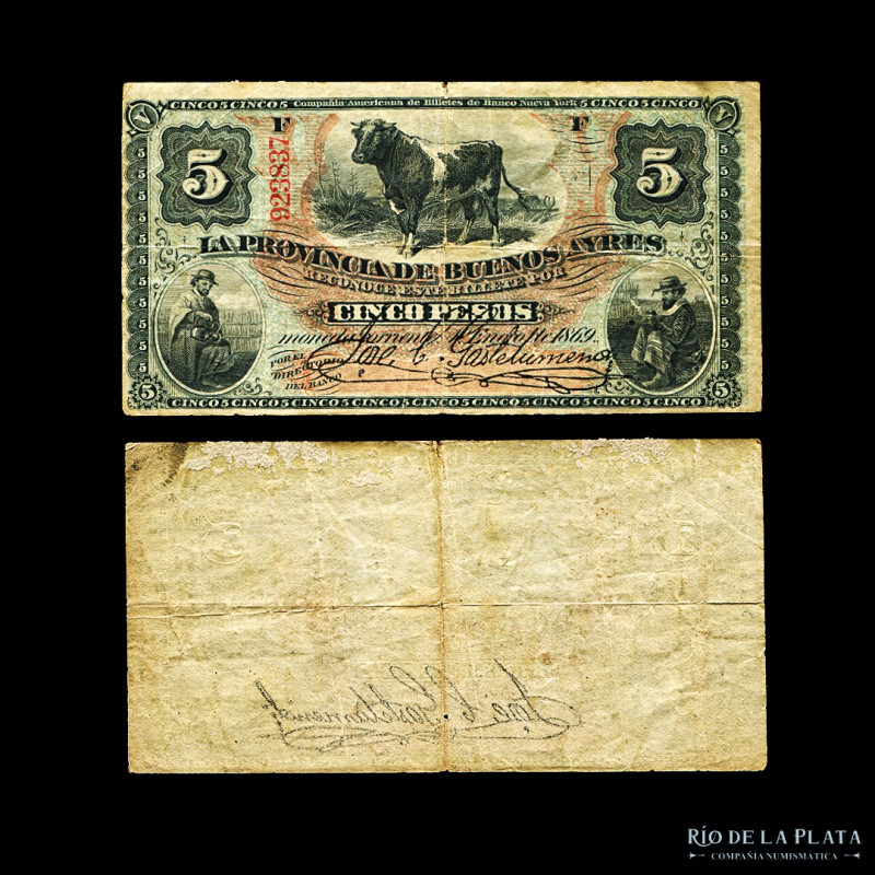 Argentina. Provincia de Buenos Aires. 5 Pesos Moneda Corriente. 01/01/1869. Firm...