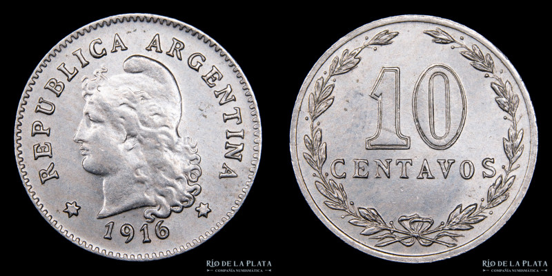 Argentina. 10 Centavos 1916. Cu-Ni; 19mm; 3g. CJ 110 (UNC)

Estimate: USD 60 -...