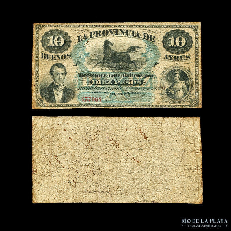 Argentina. Provincia de Buenos Aires. 10 Pesos Moneda Corriente. 01/01/1869. Fir...