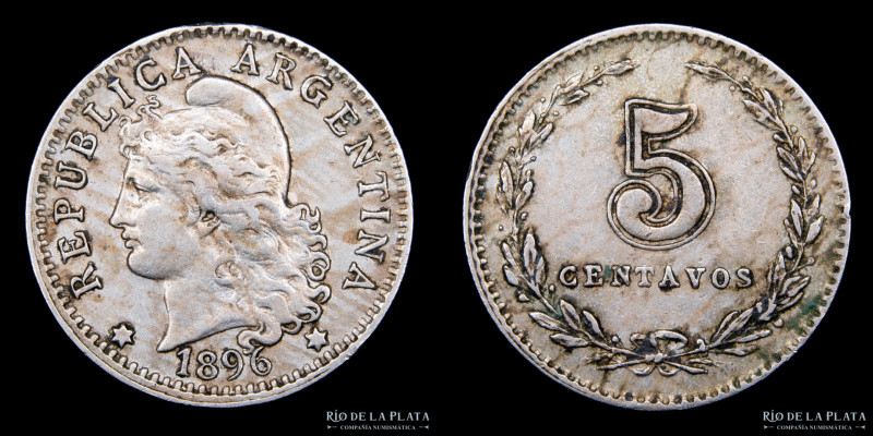 Argentina. 5 Centavos 1896. CuNi; 17mm; 2.0g. CJ 130 (XF)

Estimate: USD 40 - ...