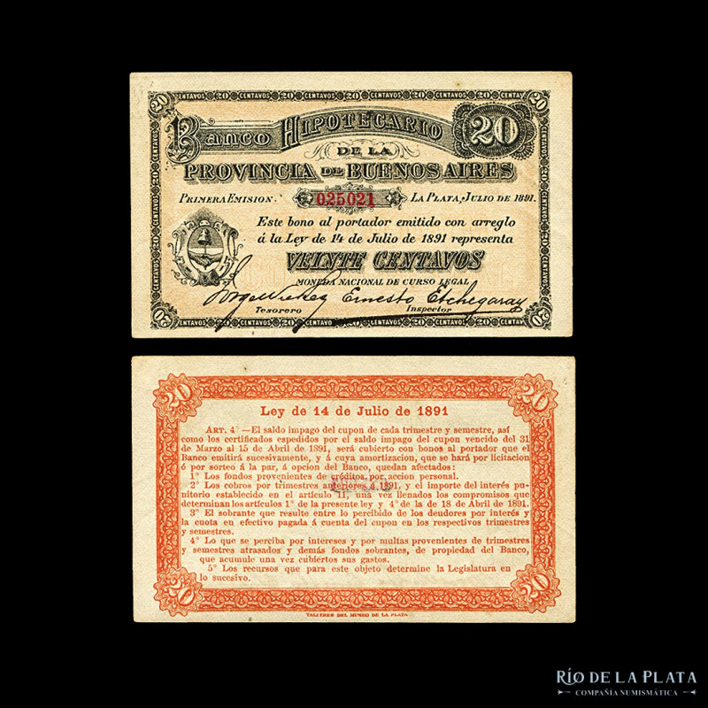 Argentina. Buenos Aires. Banco Hipotecario. 20 Centavos 1891. Baumann BA-222a; P...