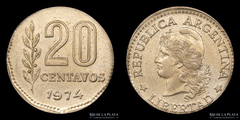 Argentina. Error. 20 centavos 1974. Cospel de 10. Bronce; 16.5g; 2.16g. (UNC)
...