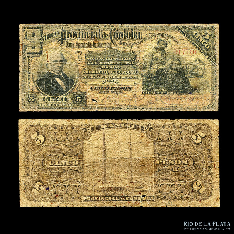 Argentina. Córdoba. 5 Pesos 1890. Bono Banco Provincial. Baumann COR-117a; Ps742...