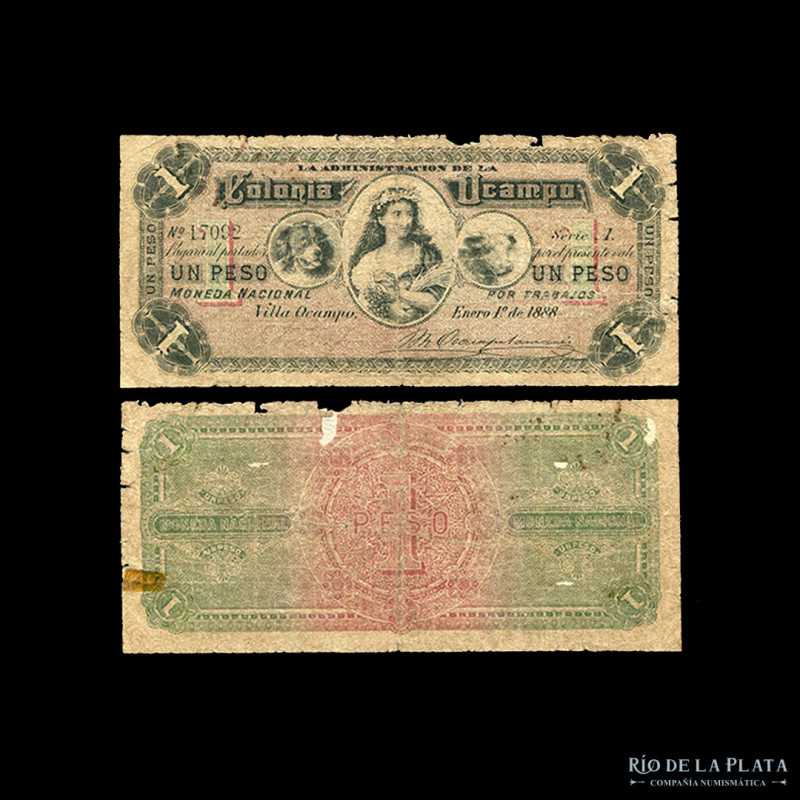 Argentina. Chaco. Vale 1 Peso 1888 Colonia Ocampo."Por trabajos realizados". Emi...
