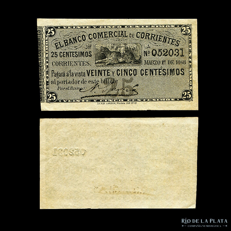 Argentina. Corrientes. El Banco Comercial de Corrientes. 25 Centésimos 1/3/1868....