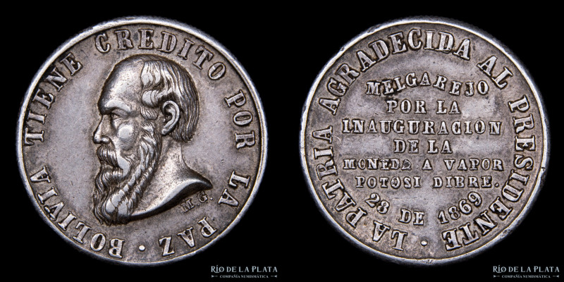 Bolivia. 1869. Moneda a Vapor. Pequeña. Plata. AG; 24mm; 8.6g. Error: Reverso Gi...