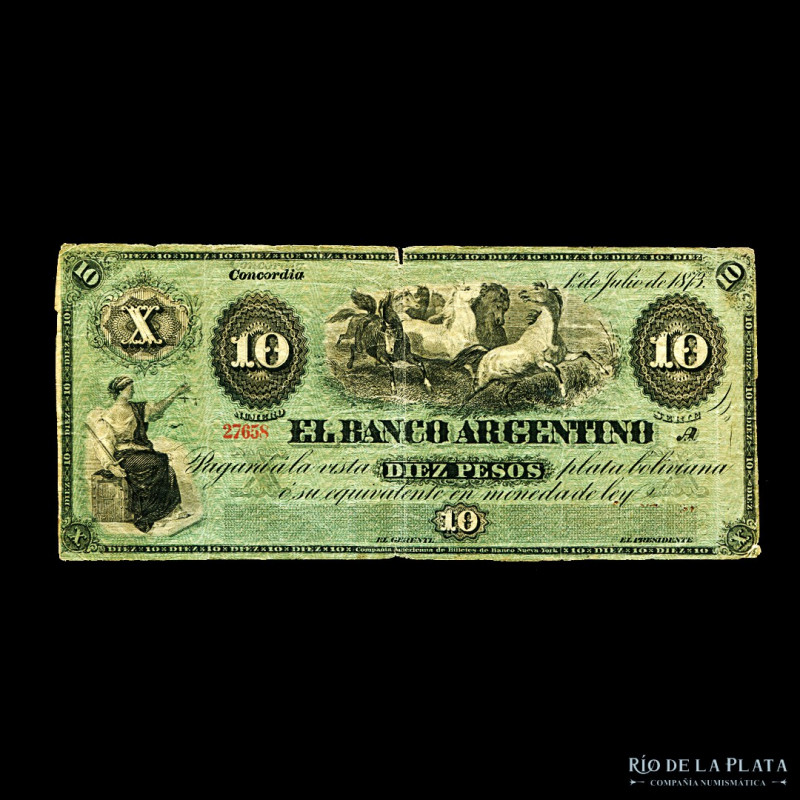 Argentina. Entre Ríos. El Banco Argentino (Concordia) 10 Pesos Plata Boliviana 1...