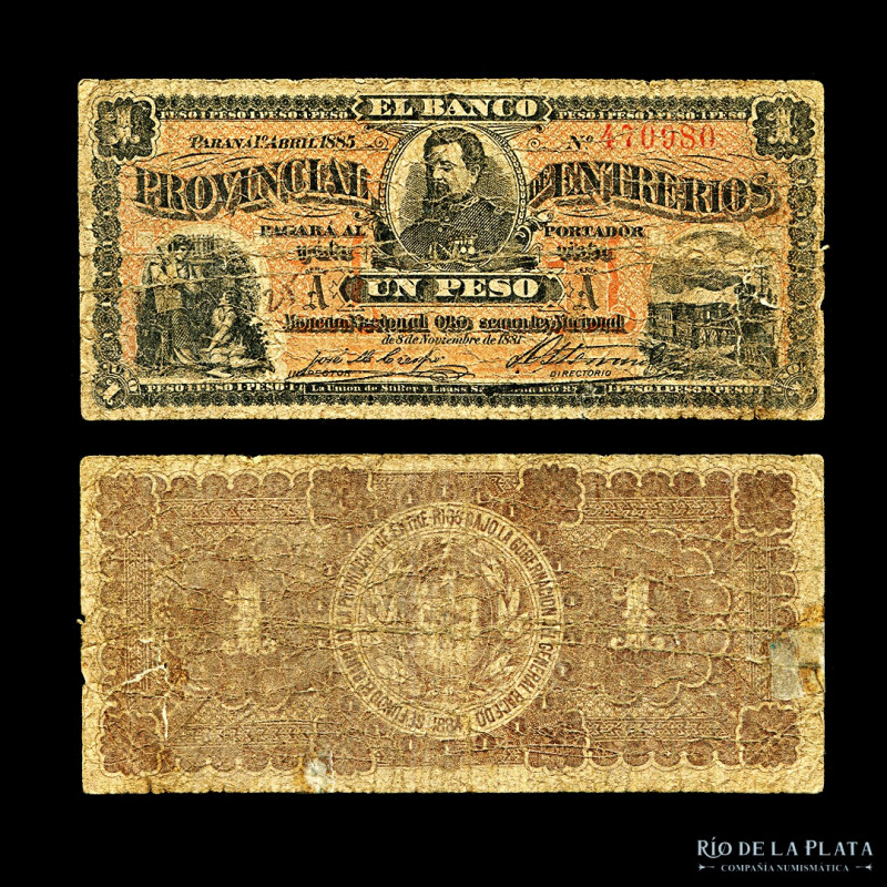 Argentina. Entre Ríos. Banco Provincial de Entre Ríos. 1 Peso 1/4/1885. Bauman E...