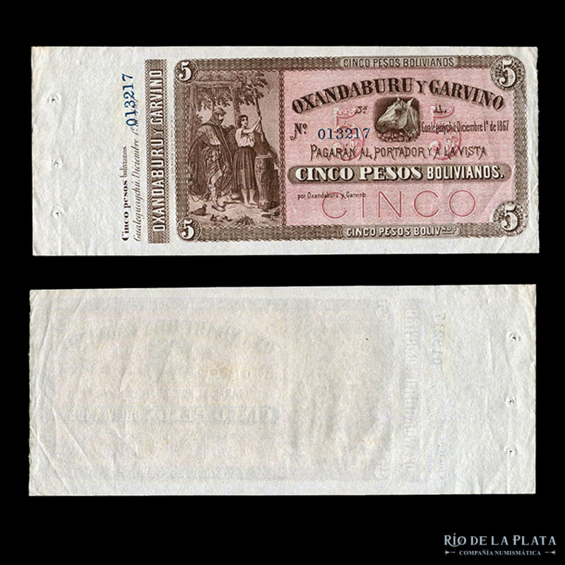 Argentina. Entre Ríos. Oxanduburu y Garbino. 5 Pesos Boliviano 1867 Remainder. G...