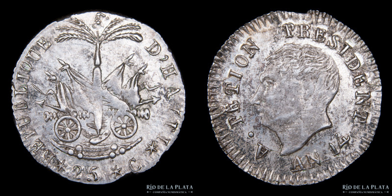 Haiti. Boyer. 25 Centimes 1817. LAN 14. AG; 21.0mm; 2.10g. KM15 (XF)
Estimate: ...