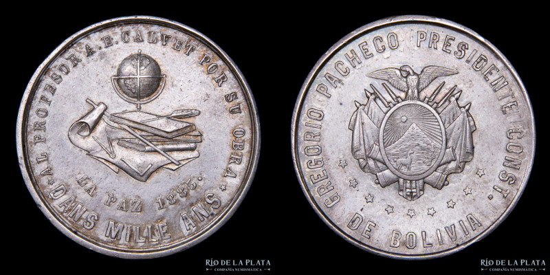 Bolivia. 1885. Pacheco al Profesor Calvet. Plata. AG; 31mm; 23.16g. RTB Unlisted...