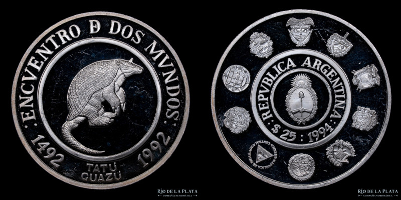 Argentina. 25 Pesos 1994. II Serie Iberoamericana: Tatu Carreta (Giant Armadillo...