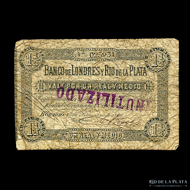 Argentina. Rosario. Banco de Londres y Río de la Plata. 1 1/2 Real 1866. Cancela...