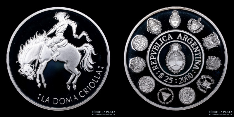 Argentina. 25 Pesos 2000. IV Serie Iberoamericana: La Doma Criolla. AG.925; 40.0...