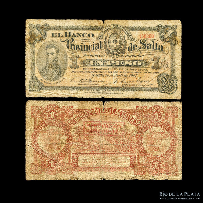 Argentina. Salta. El Banco Provicial de Salta. 1 Peso 1907. Resello rojo RENOVAC...