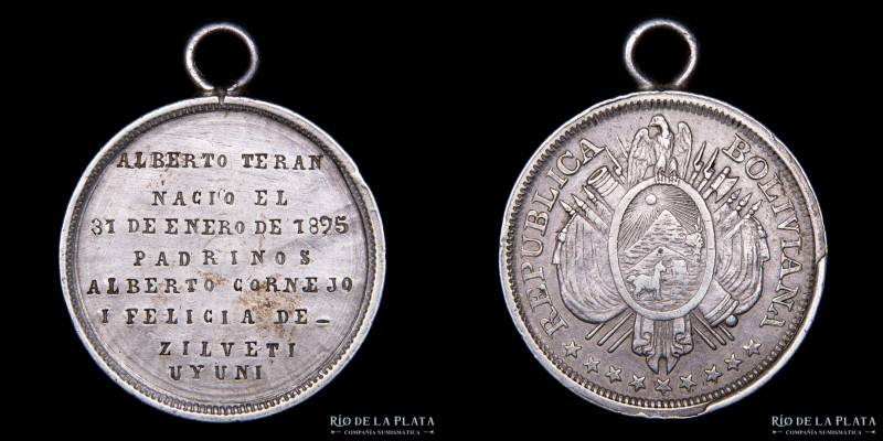 Bolivia. 1895. Medalla de Bautismo. Sobre Moneda. Alberto Teran. Uyuni. AG; 30mm...