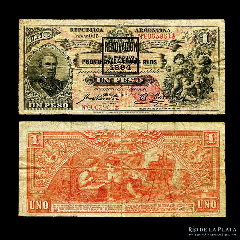 Argentina. Bancos Garantidos: Entre Rios. 1 Peso 1888 con Resello 1894. Firmas B...