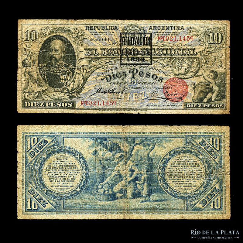 Argentina. Bancos Garantidos. El Banco Nacional. 10 Pesos 1888 con resello 1894....