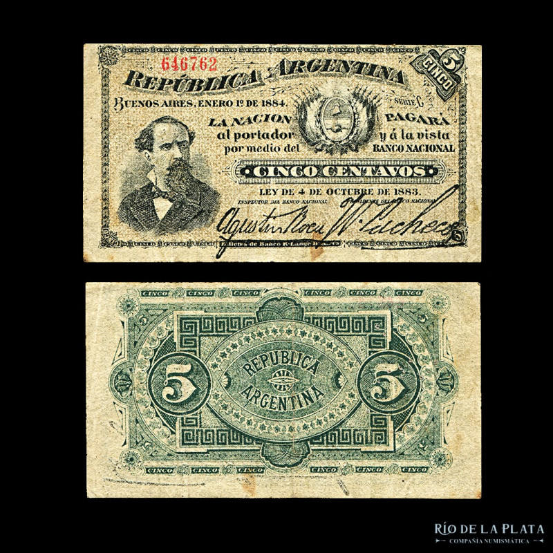 Argentina. Fraccionarios R-Lange. 5 Centavos 1884 (Avellaneda). Firmas: Roca - P...