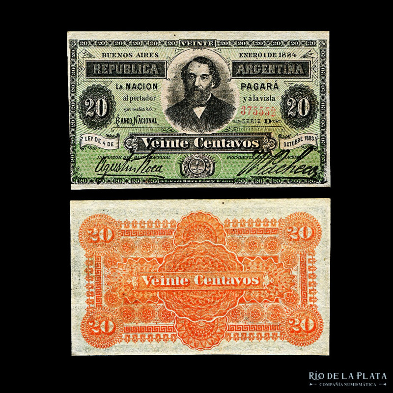 Argentina. Fraccionarios R-Lange. 20 Centavos 1884 (Mitre). Firmas: Roca - Pache...